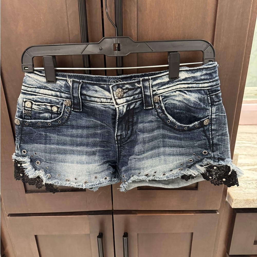 Miss Me Dark Wash Jean Shorts with Black Lace